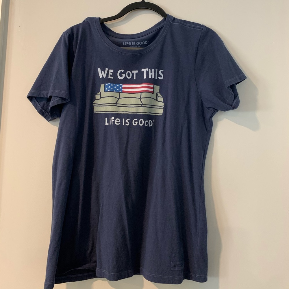 Life is good women’s size L. Patriotic t-shirt.
